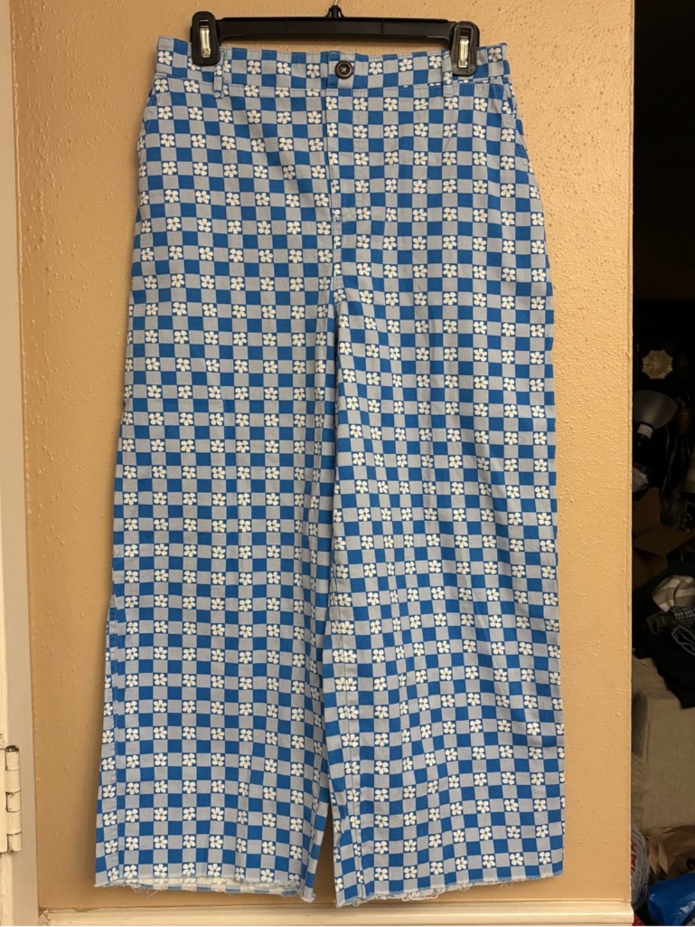 Wild Fable Blue and White Checkered Floral Wide-Leg Pants